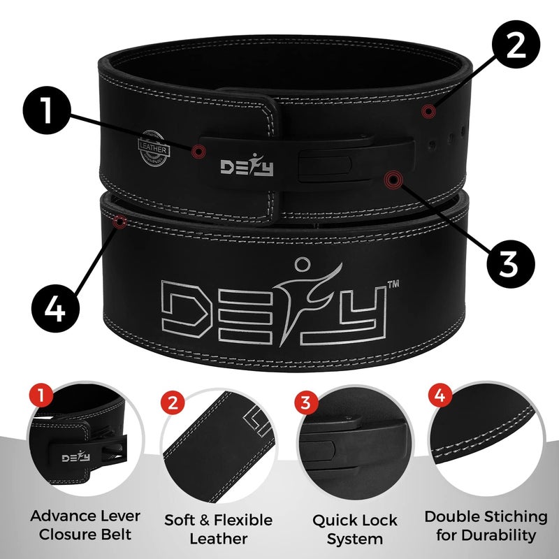 DEFY Challenge Your Fear DEFY Lever Belt Cowhide Genuine Leather 10MM Gym Training Power Lifting Men & Women Weightlifting Belt Black (Large) - Image 5